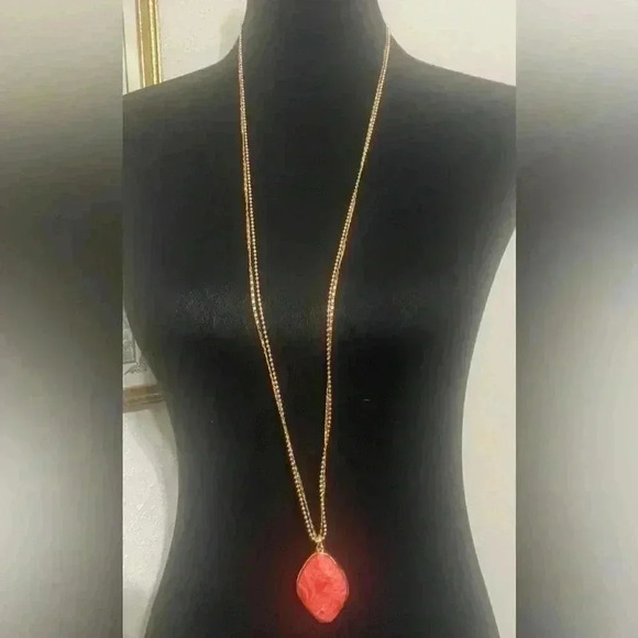 Style & Co Orangish Oval Stone Double Chain Pendant Necklace, 38" + 3" extender - Picture 3 of 5